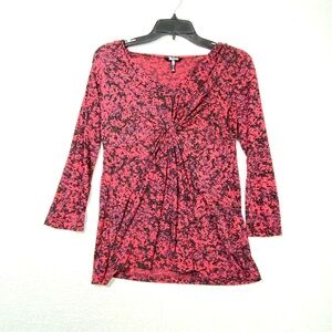 Daisy Fuentes Abstract Blouse Women's M Wine Black Knot Front V-Neck Romantic